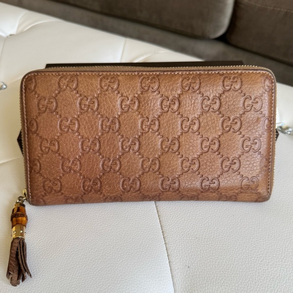 Gucci Handbags - Gucci Brown GG Guccissima Monogram Leather Zip Bamboo Continental Wallet
